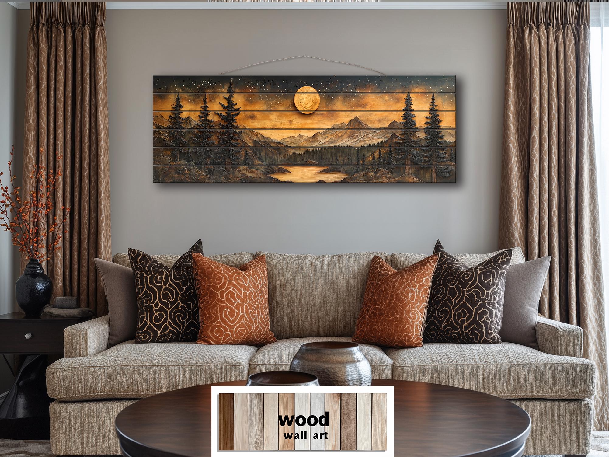 Full Moon Over Mountains  Long Horizontal Real Wood Wall Art For Cabin Decor