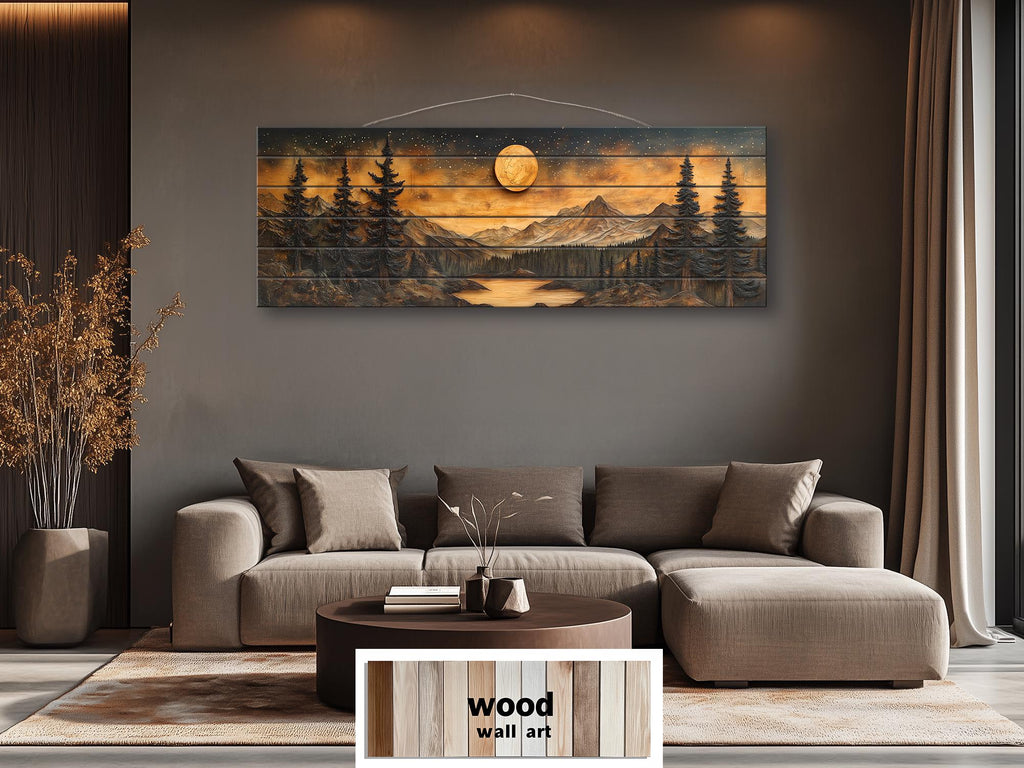 Full Moon Over Mountains  Long Horizontal Real Wood Wall Art For Cabin Decor