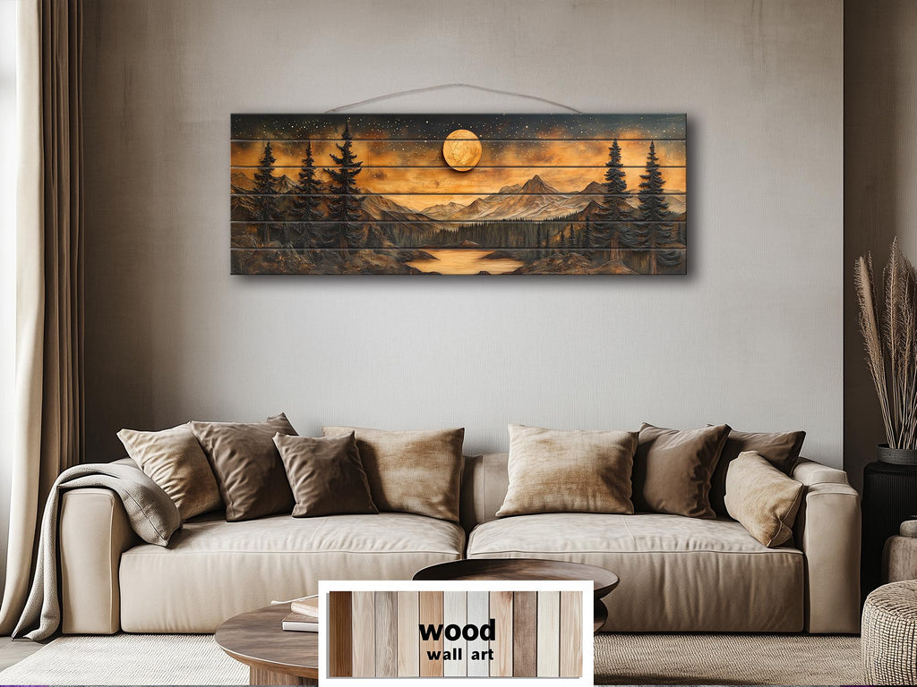 Full Moon Over Mountains  Long Horizontal Real Wood Wall Art For Cabin Decor