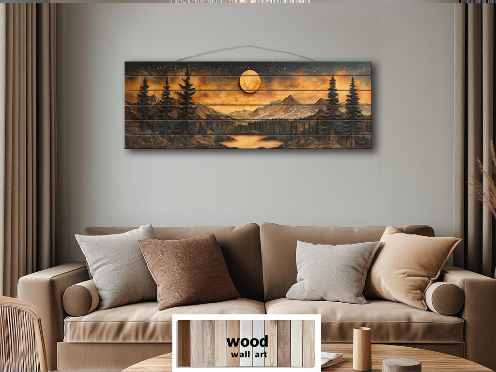Full Moon Over Mountains  Long Horizontal Real Wood Wall Art For Cabin Decor