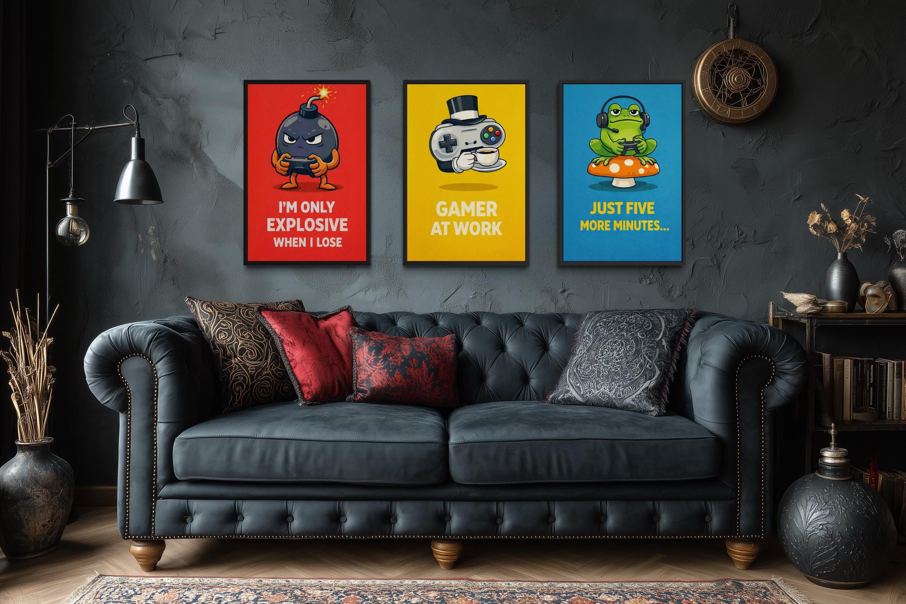 Funny Game Room Wall Art – Set of 3 Colorful Gamer Canvas Prints With Motivational Quotes