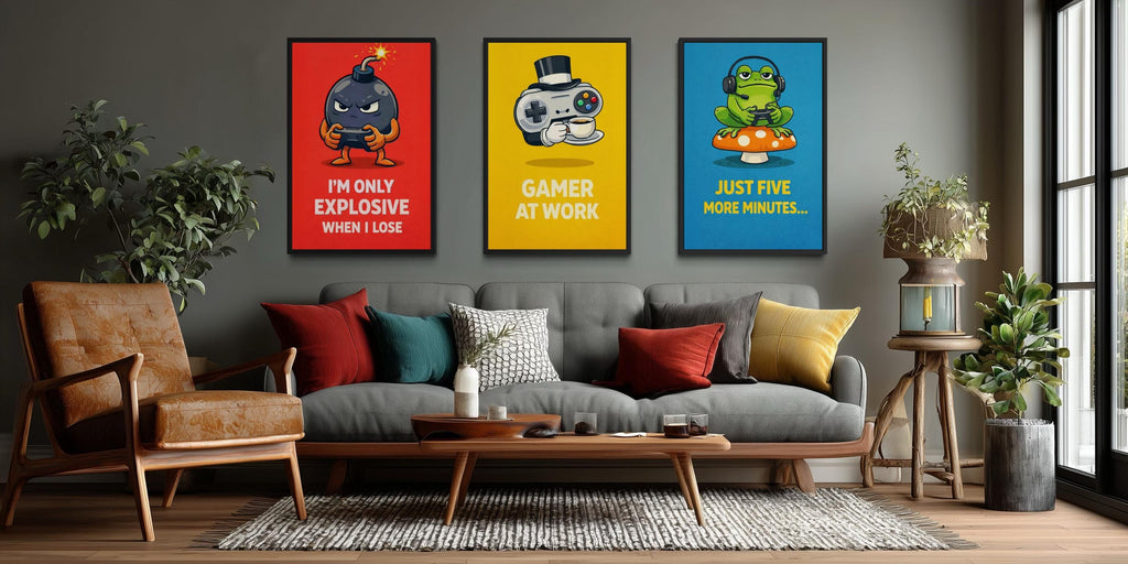 Funny Game Room Wall Art – Set of 3 Colorful Gamer Canvas Prints With Motivational Quotes