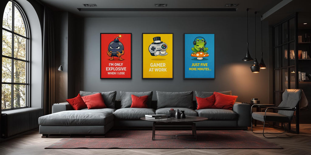Funny Game Room Wall Art – Set of 3 Colorful Gamer Canvas Prints With Motivational Quotes