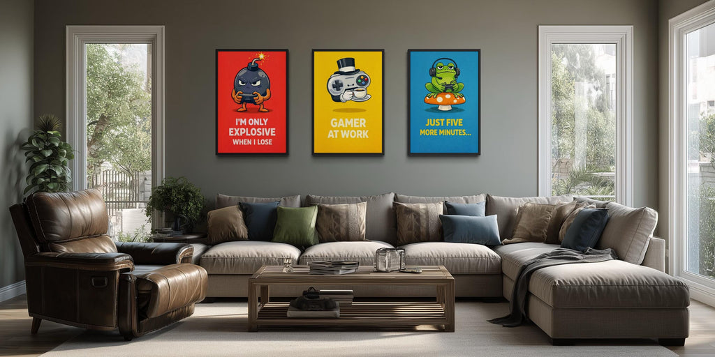 Funny Game Room Wall Art – Set of 3 Colorful Gamer Canvas Prints With Motivational Quotes