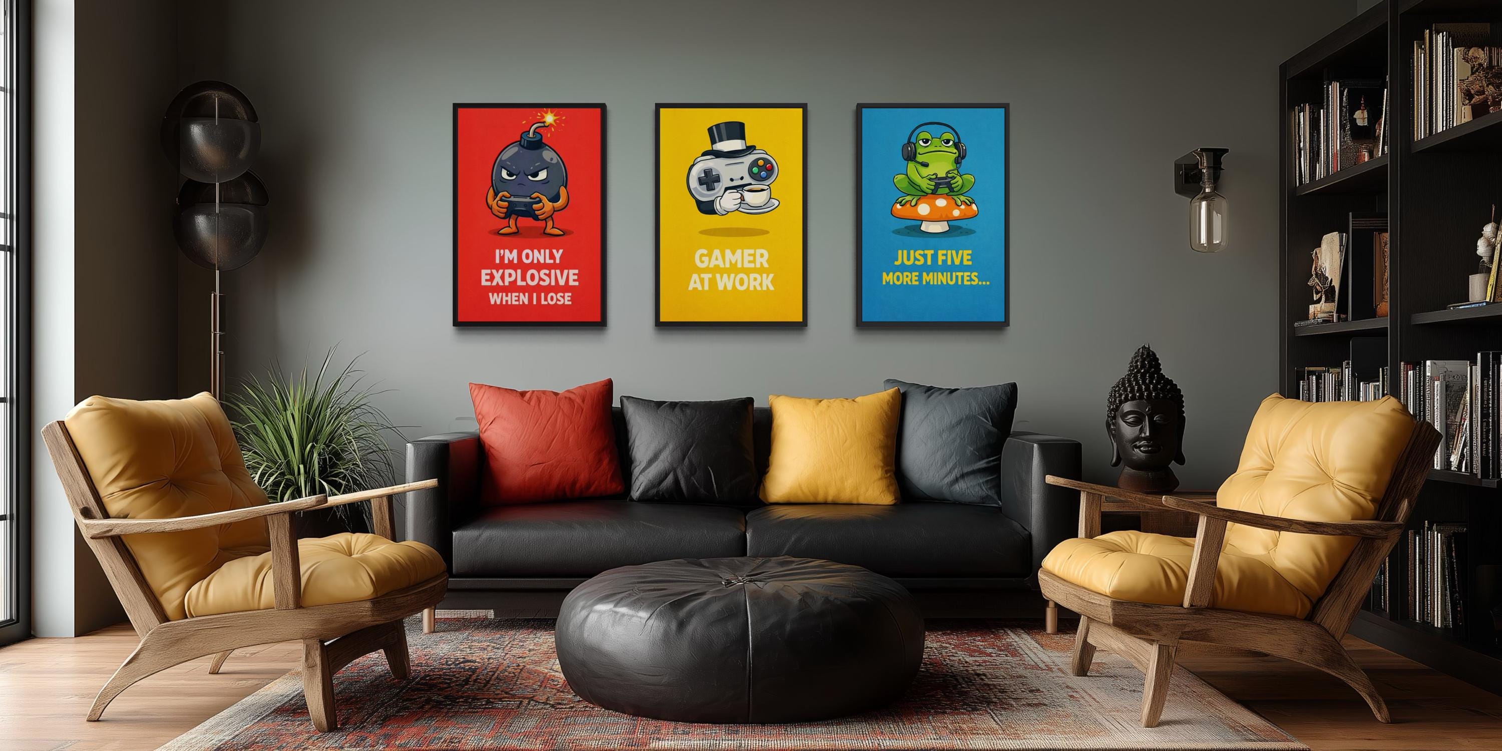 Funny Game Room Wall Art – Set of 3 Colorful Gamer Canvas Prints With Motivational Quotes