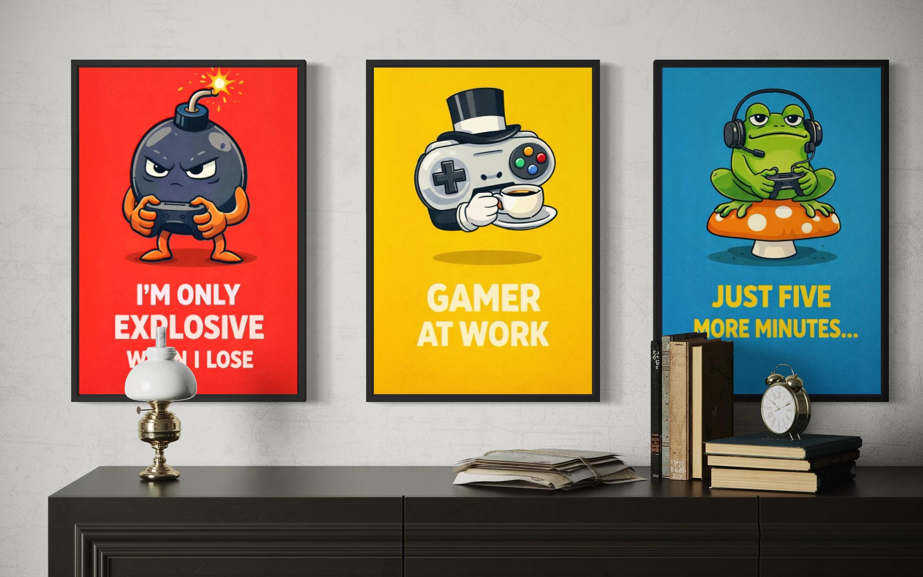 Funny Game Room Wall Art – Set of 3 Colorful Gamer Canvas Prints With Motivational Quotes