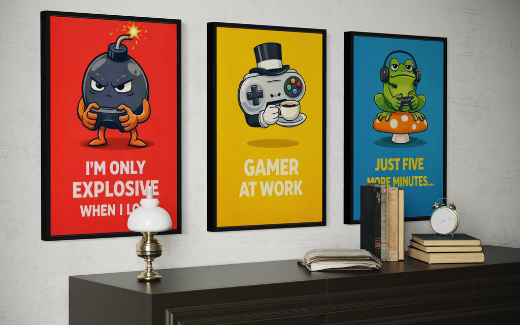 Funny Game Room Wall Art – Set of 3 Colorful Gamer Canvas Prints With Motivational Quotes