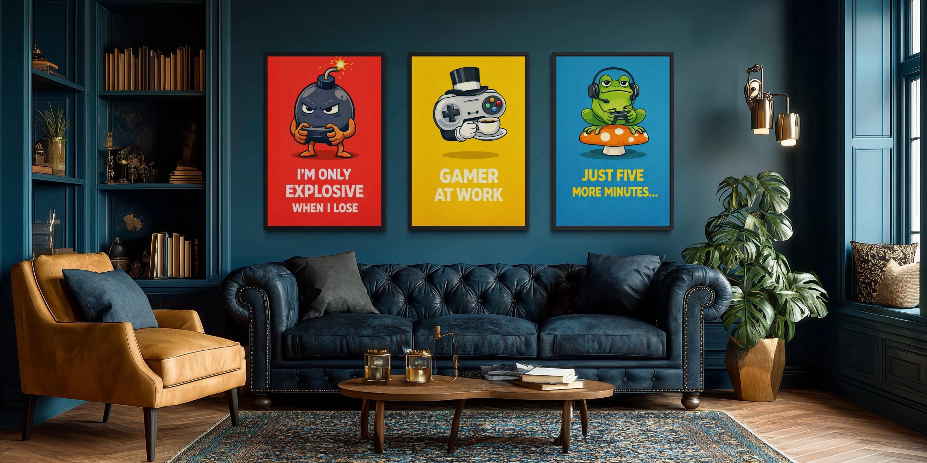 Funny Game Room Wall Art – Set of 3 Colorful Gamer Canvas Prints With Motivational Quotes
