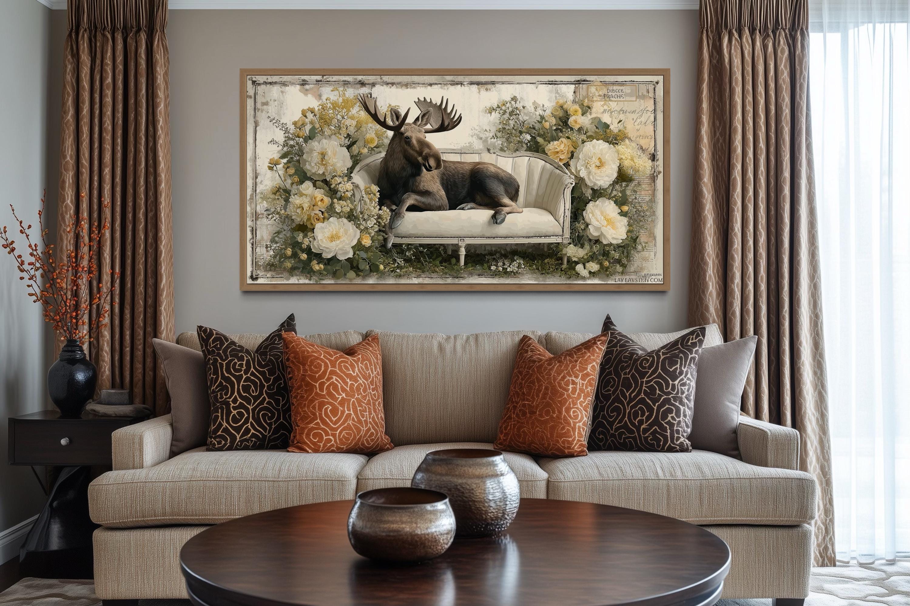 Funny Moose On The Floral Couch Framed Canvas Wall Art