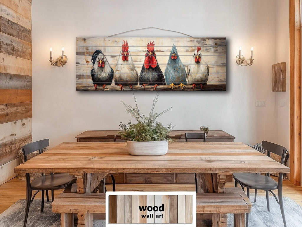 Funny Roosters And Chickens Long Horizontal Wood Wall Art