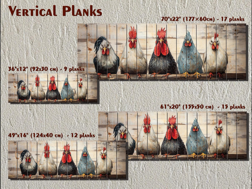 Funny Roosters And Chickens Long Horizontal Wood Wall Art