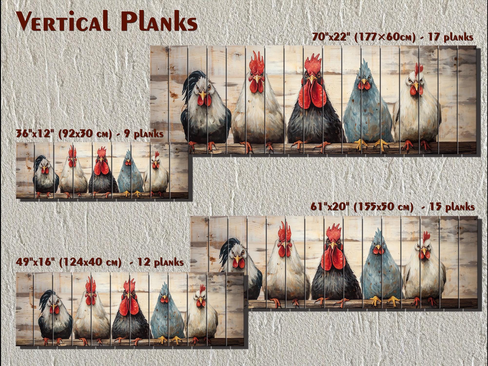 Funny Roosters And Chickens Long Horizontal Wood Wall Art