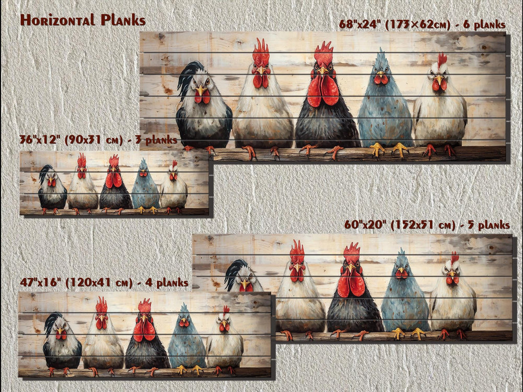 Funny Roosters And Chickens Long Horizontal Wood Wall Art