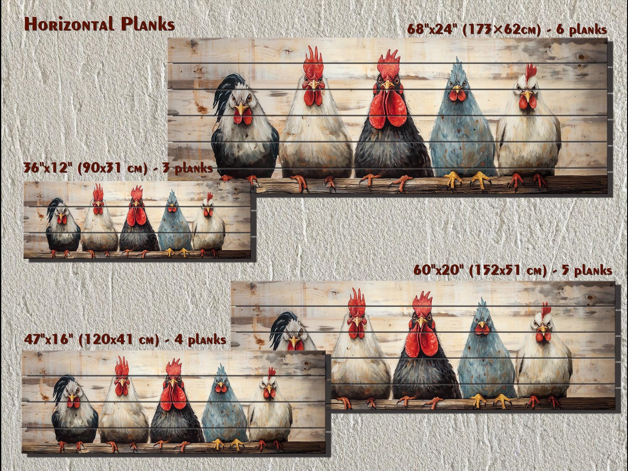 Funny Roosters And Chickens Long Horizontal Wood Wall Art