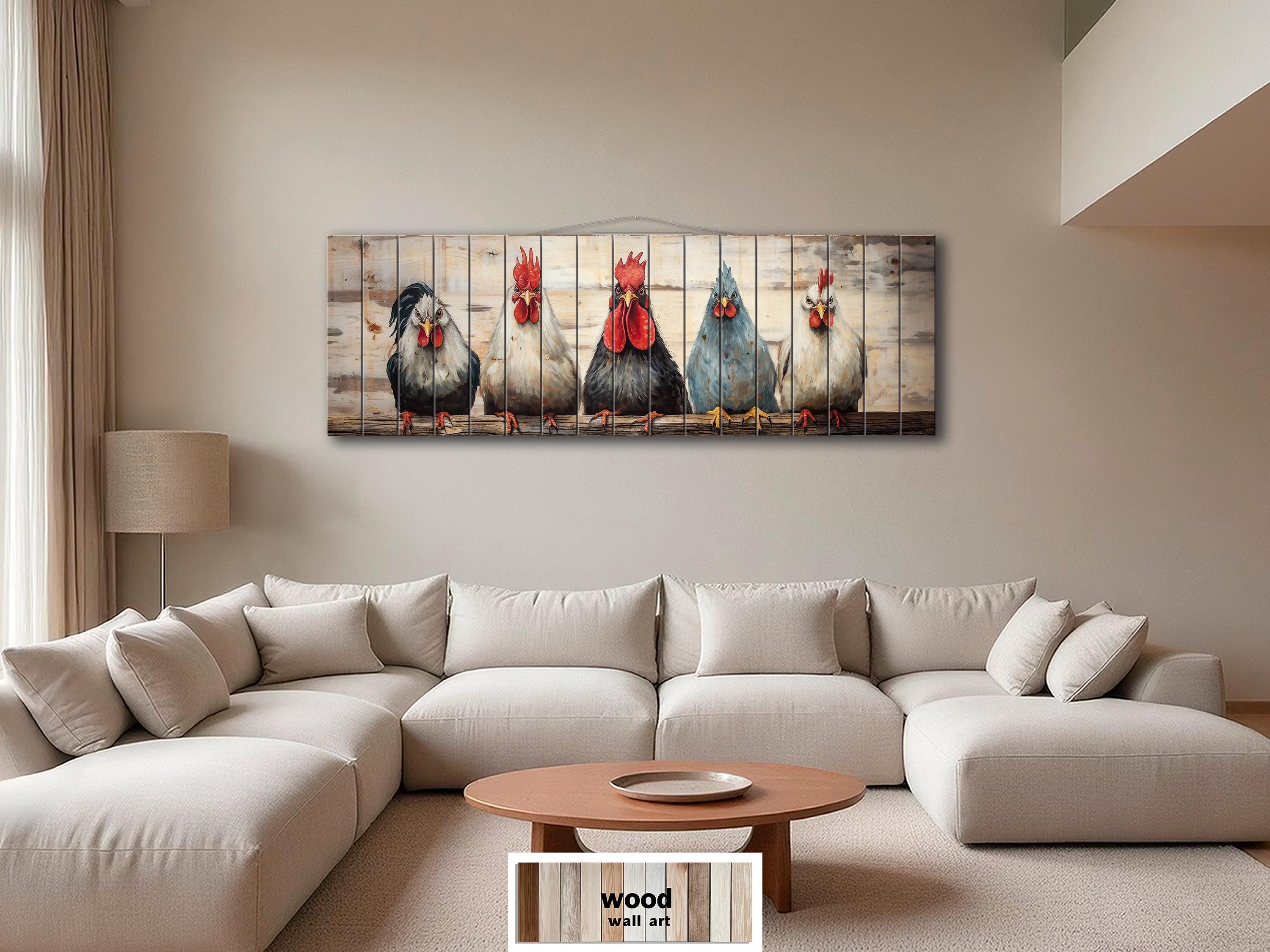 Funny Roosters And Chickens Long Horizontal Wood Wall Art