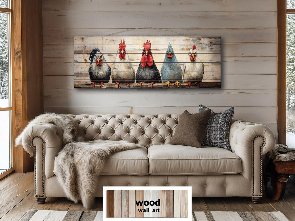 Funny Roosters And Chickens Long Horizontal Wood Wall Art
