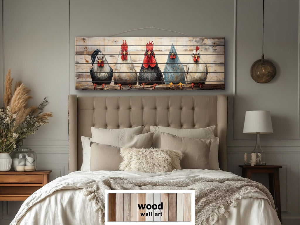 Funny Roosters And Chickens Long Horizontal Wood Wall Art