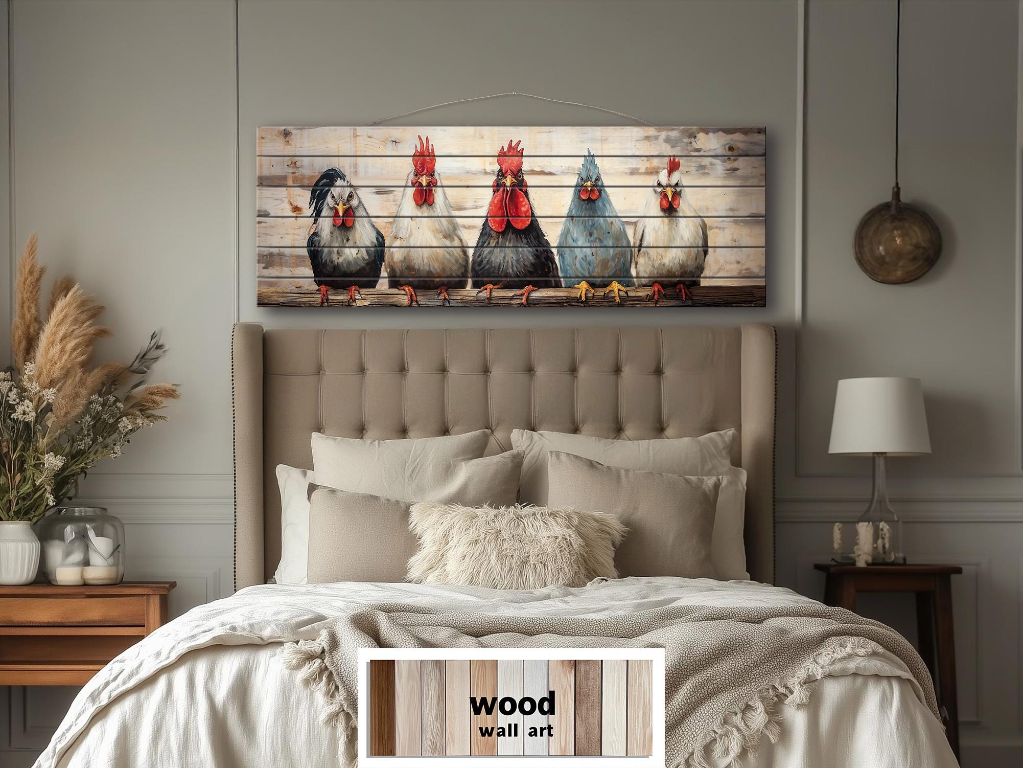 Funny Roosters And Chickens Long Horizontal Wood Wall Art