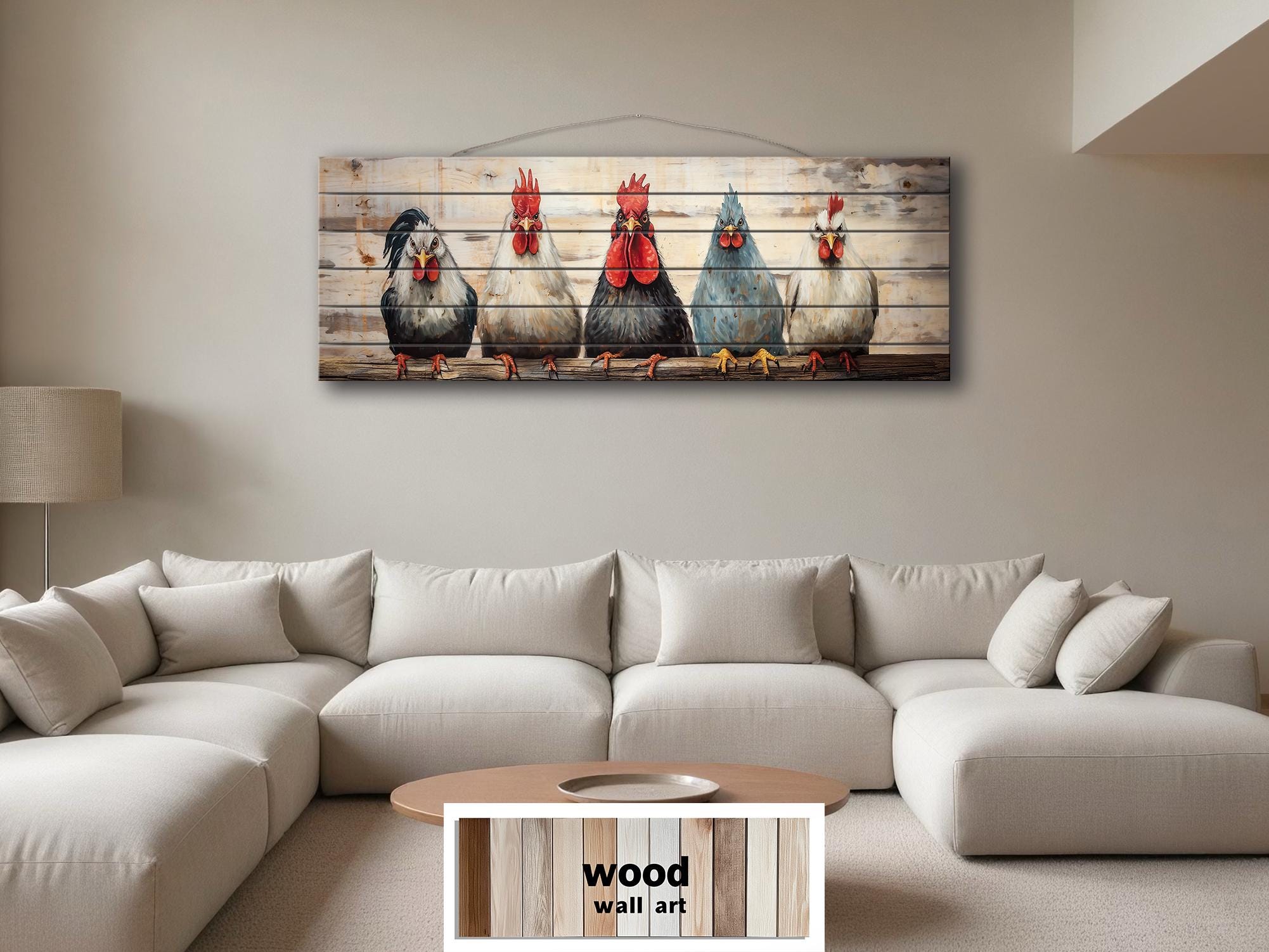 Funny Roosters And Chickens Long Horizontal Wood Wall Art