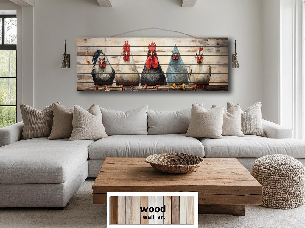 Funny Roosters And Chickens Long Horizontal Wood Wall Art