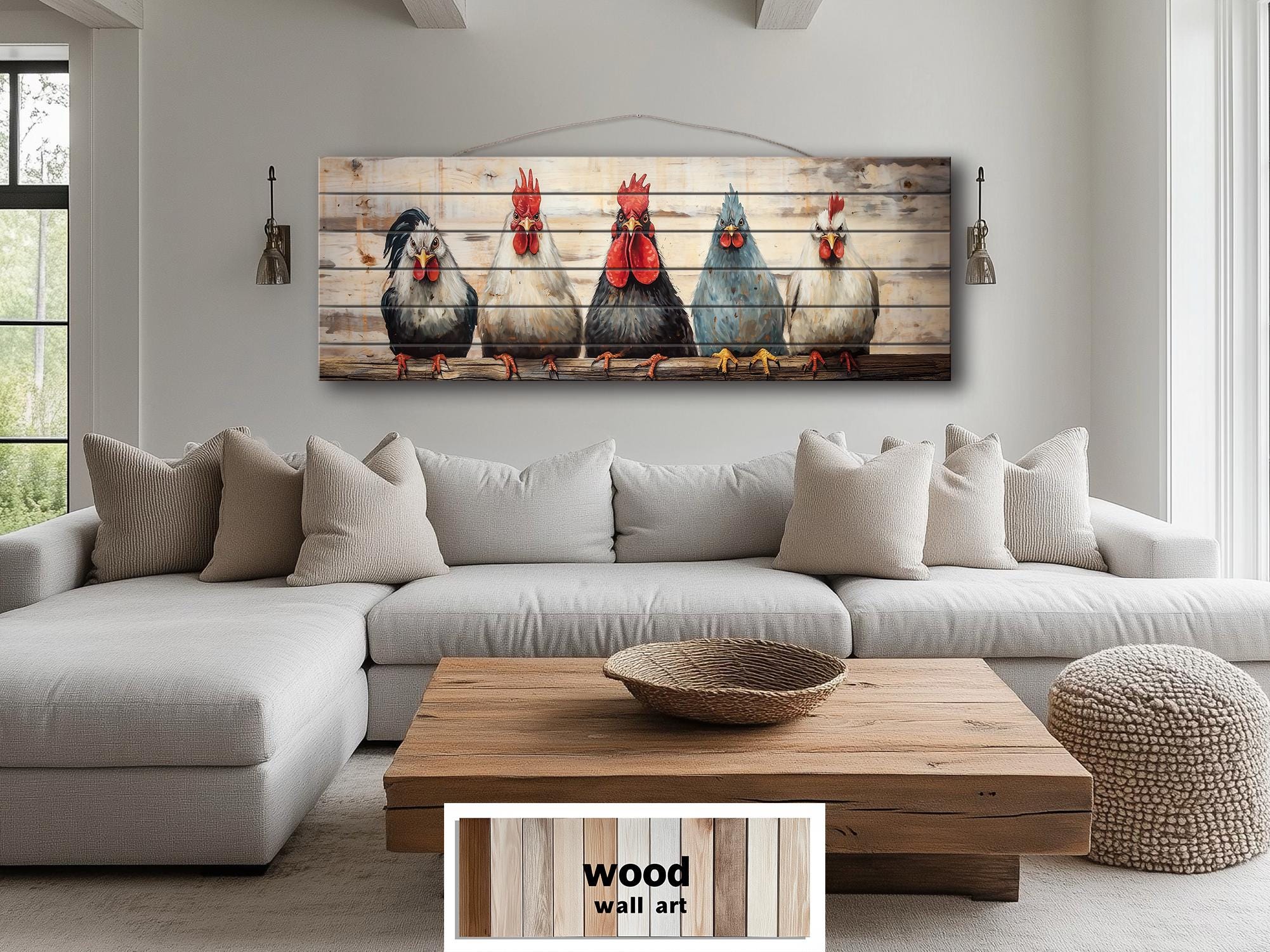 Funny Roosters And Chickens Long Horizontal Wood Wall Art