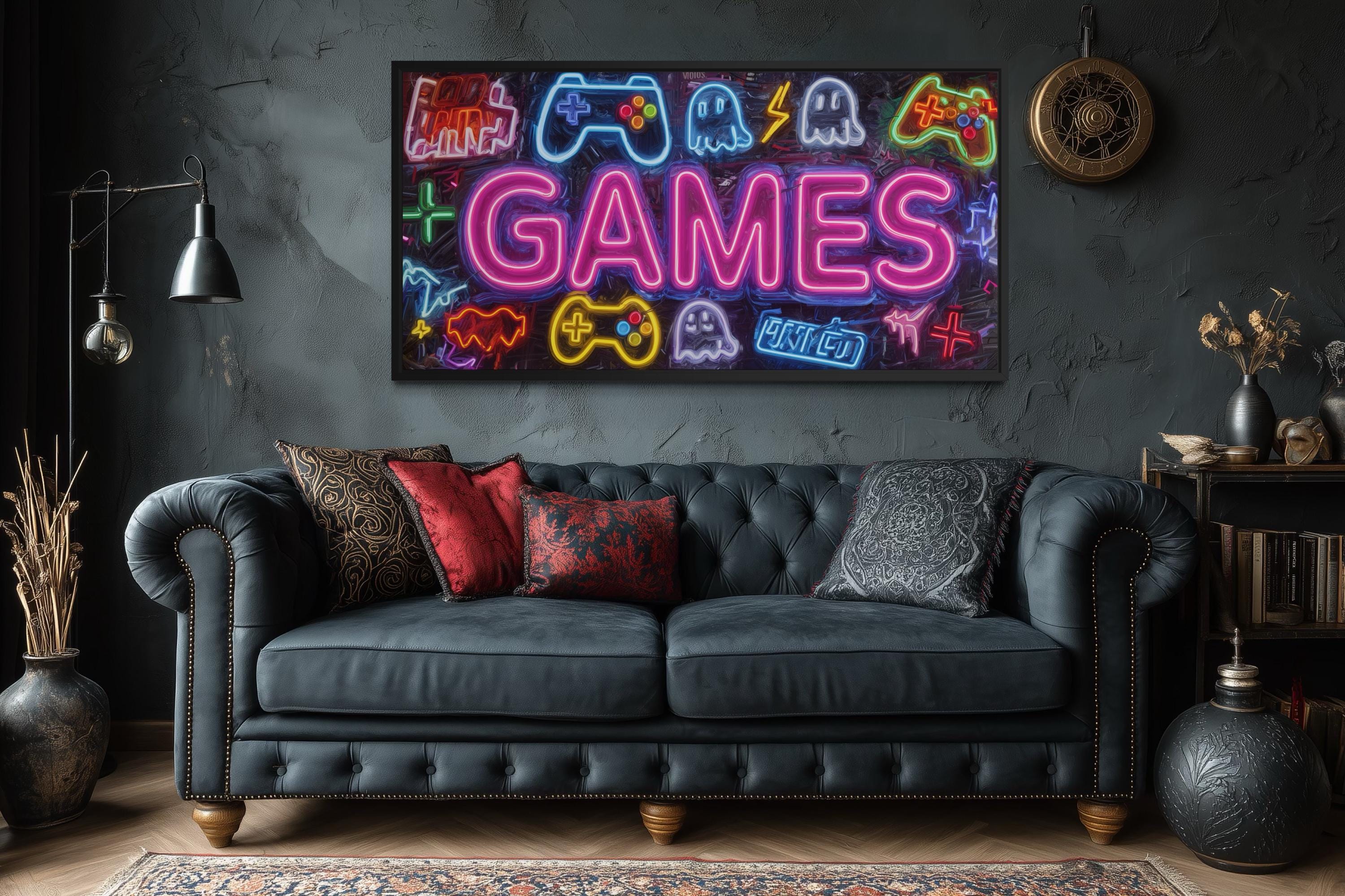 Game Room Wall Decor – Retro Arcade Wall Art | Colorful Gamer Lounge Canvas Print for Men