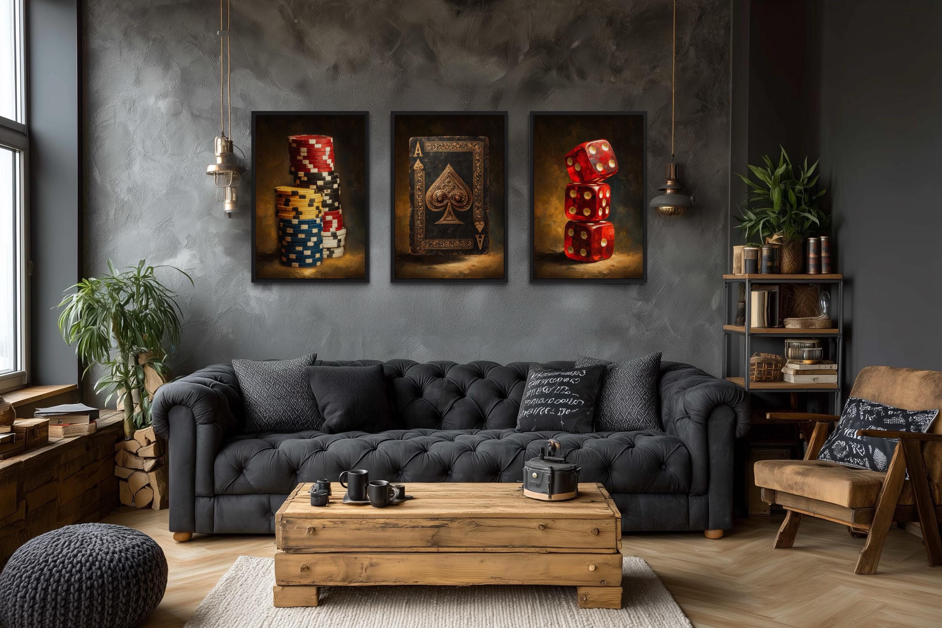 Game Room Wall Decor Set | Casino Wall Art - Poker Chips Canvas & Red Dice Man Cave Wall Art