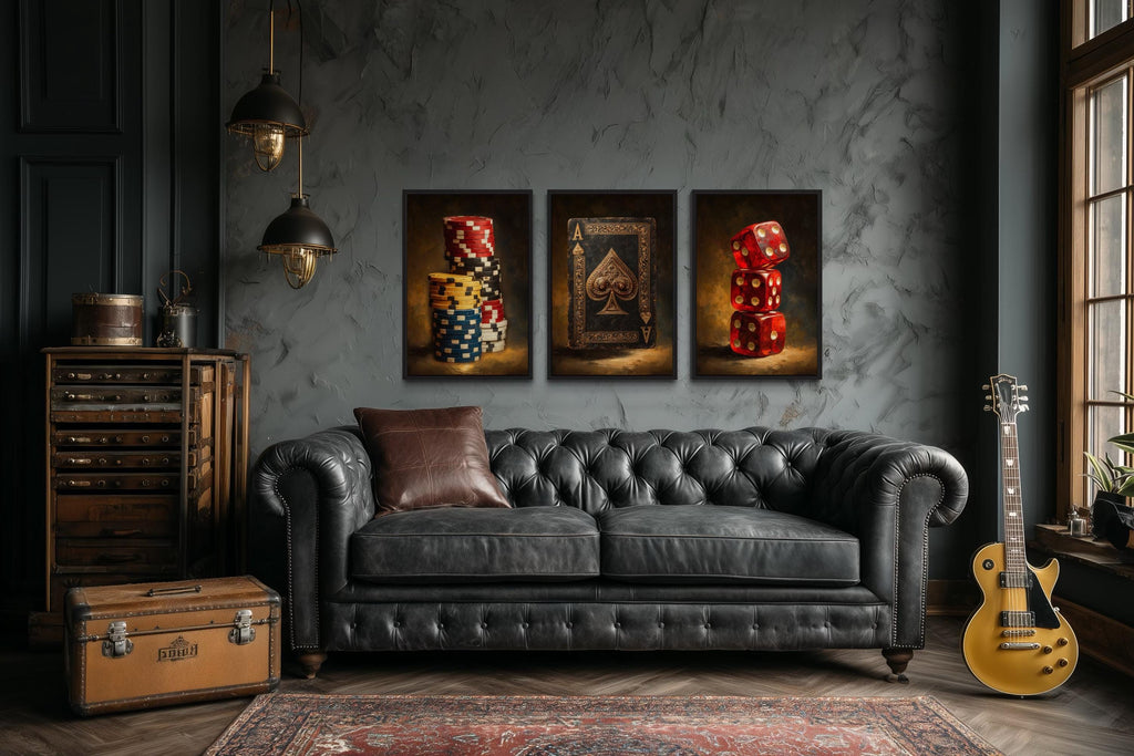 Game Room Wall Decor Set | Casino Wall Art - Poker Chips Canvas & Red Dice Man Cave Wall Art