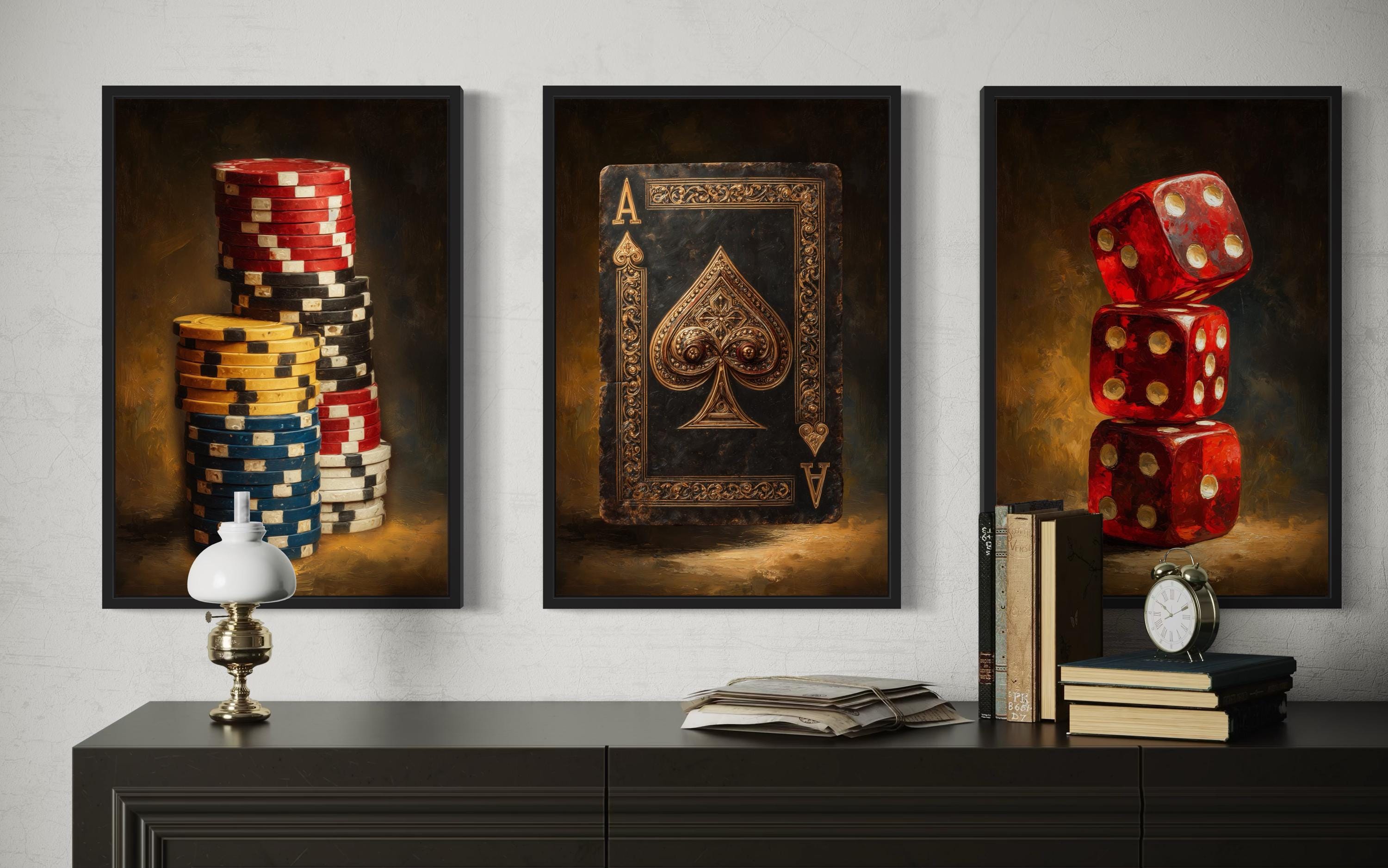 Game Room Wall Decor Set | Casino Wall Art - Poker Chips Canvas & Red Dice Man Cave Wall Art