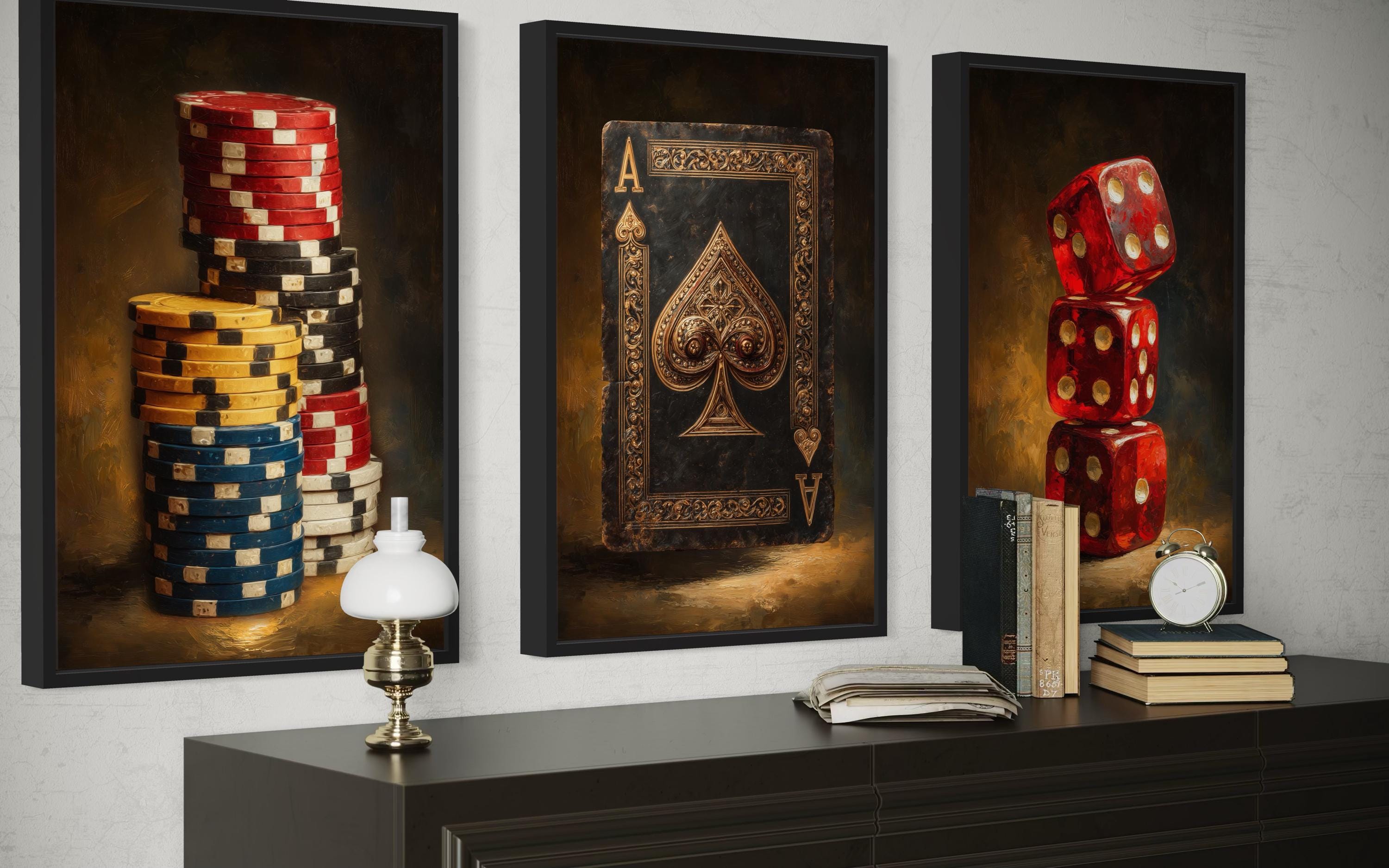 Game Room Wall Decor Set | Casino Wall Art - Poker Chips Canvas & Red Dice Man Cave Wall Art