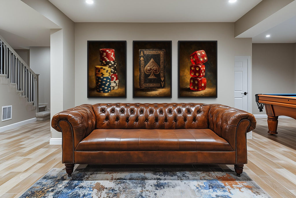 Game Room Wall Decor Set | Casino Wall Art - Poker Chips Canvas & Red Dice Man Cave Wall Art