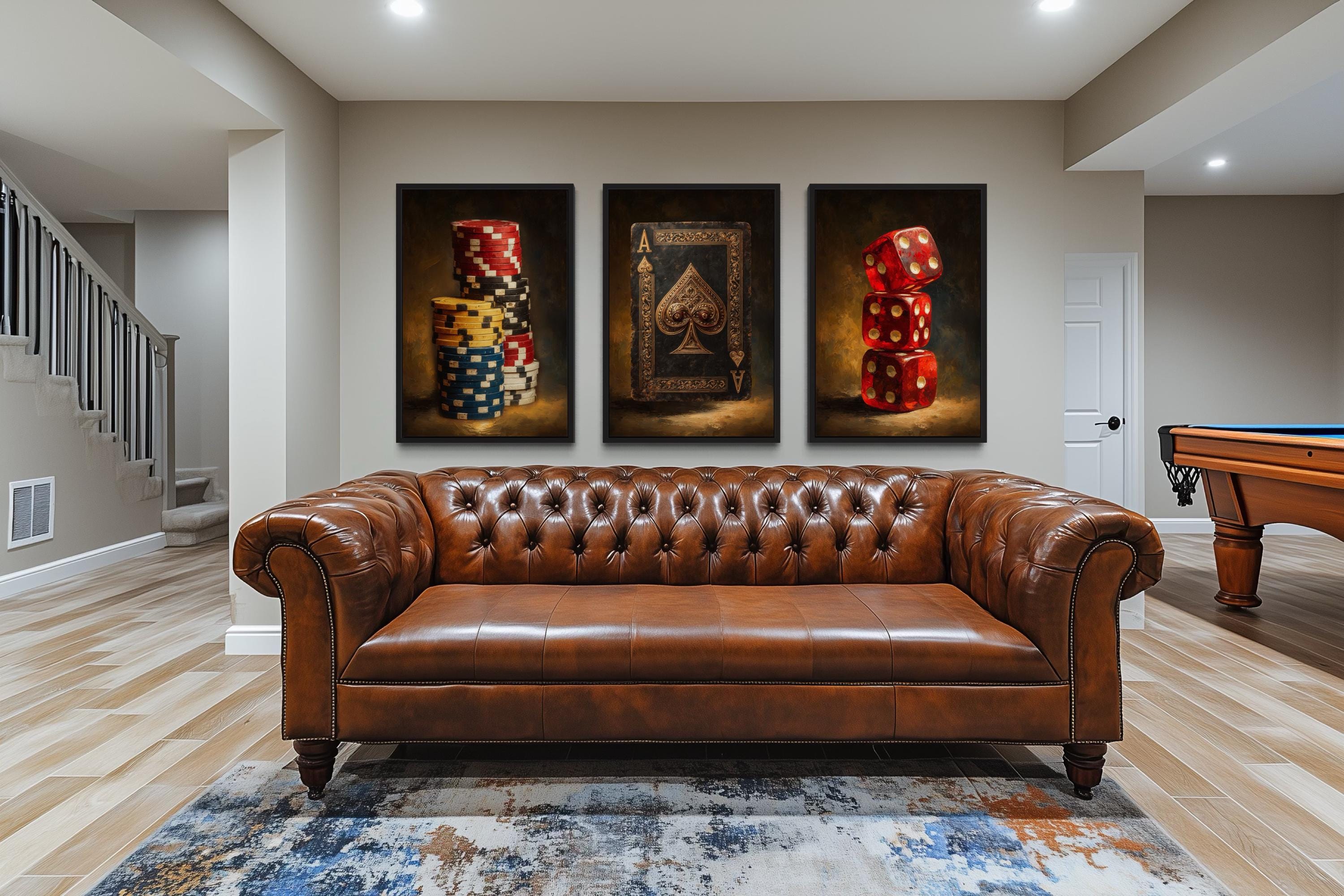 Game Room Wall Decor Set | Casino Wall Art - Poker Chips Canvas & Red Dice Man Cave Wall Art