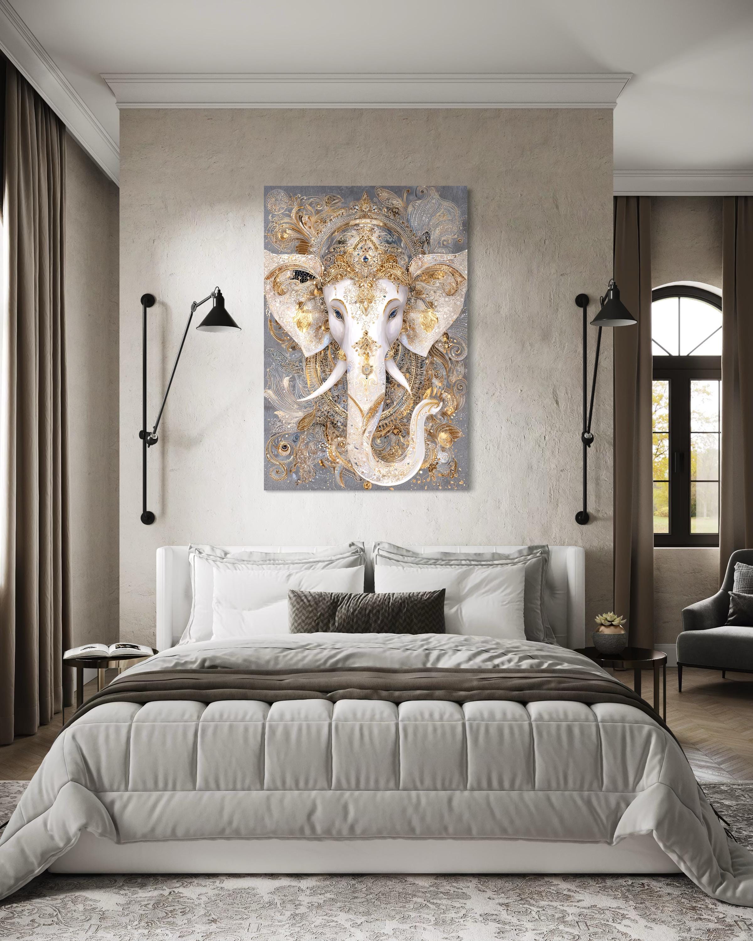 Ganesh Canvas Wall Art – Elegant Gold White Elephant God Painting for Meditation Room Decor