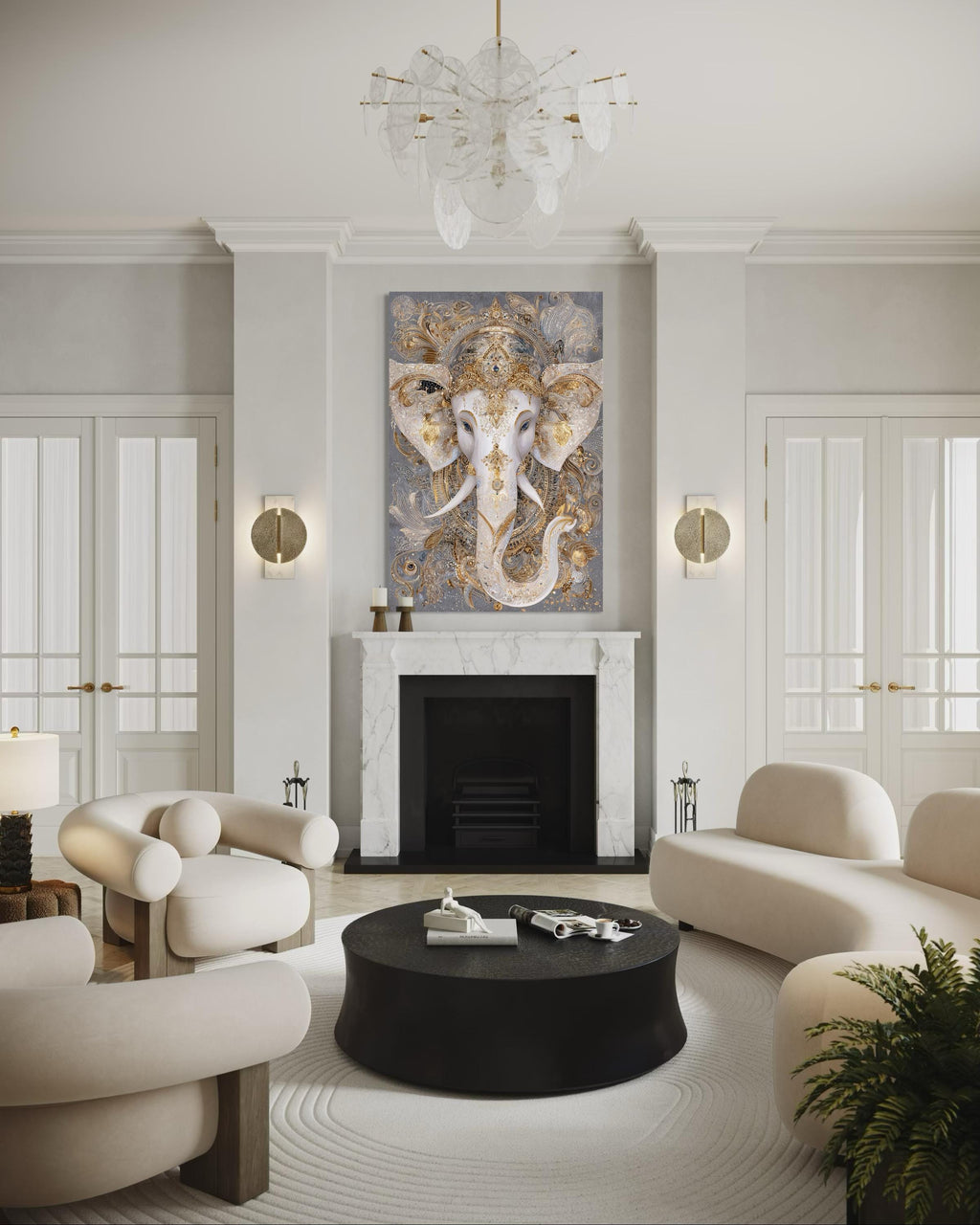 Ganesh Canvas Wall Art – Elegant Gold White Elephant God Painting for Meditation Room Decor