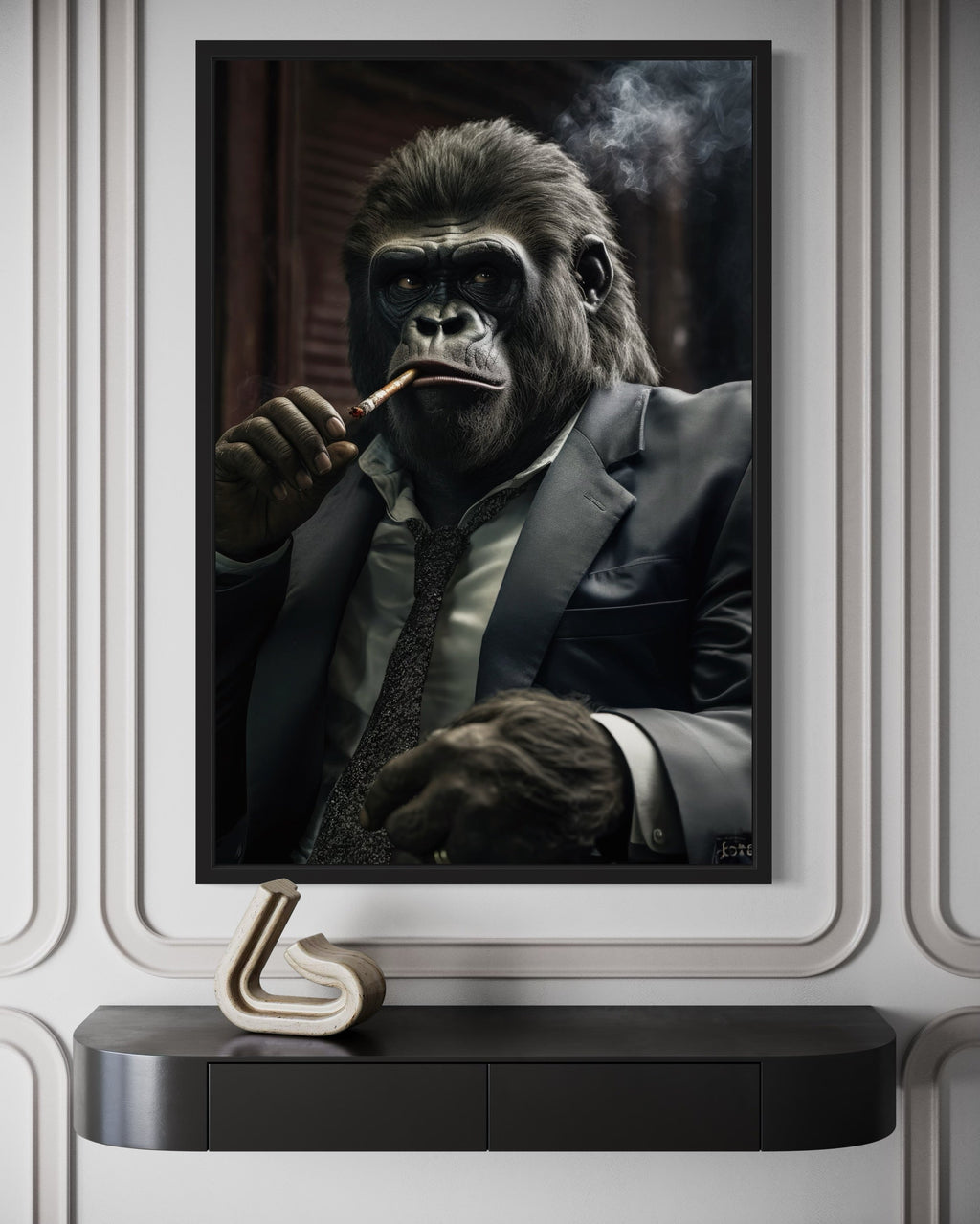Gangster Gorilla Smoking Cigar Framed Canvas Wall Art For Men