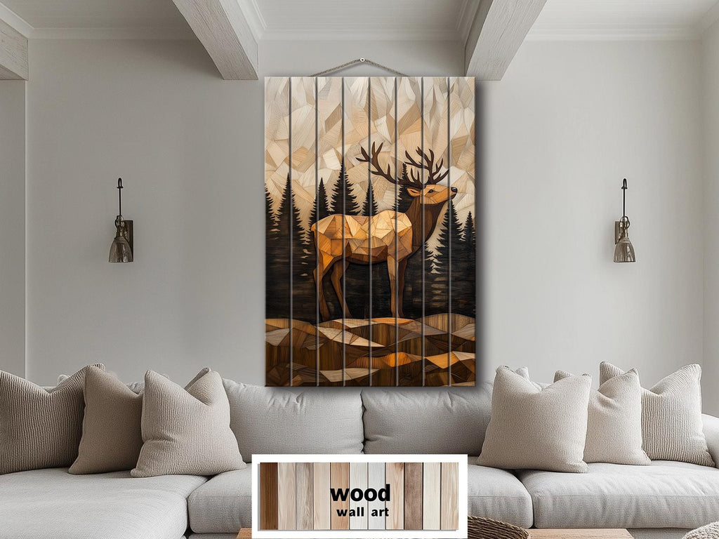 Geometric Elk In The Forest Distressed Wood Wall Art