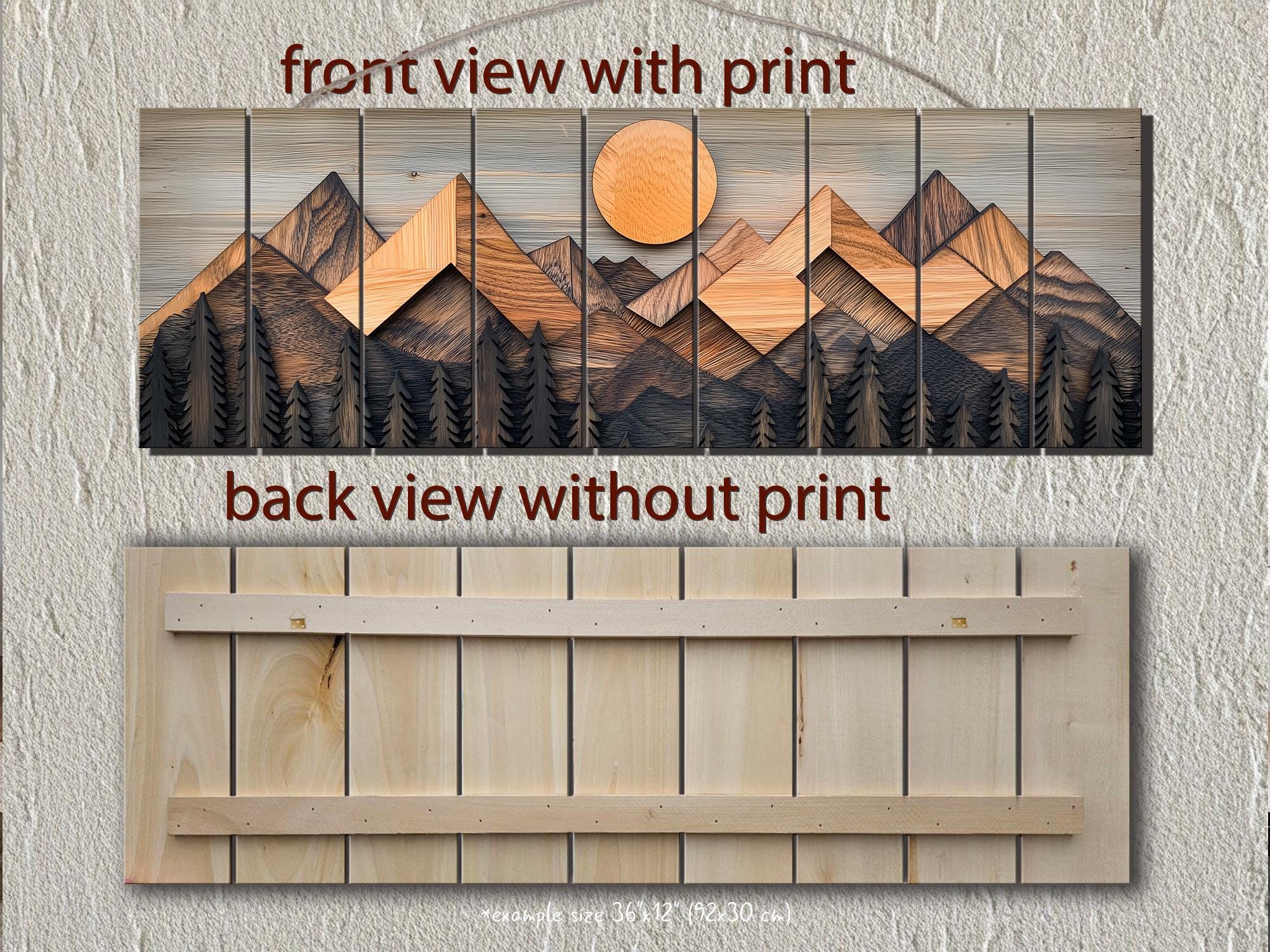 Geometric Mountain Real Wood Long Horizontal Wall Art For Cabin Decor