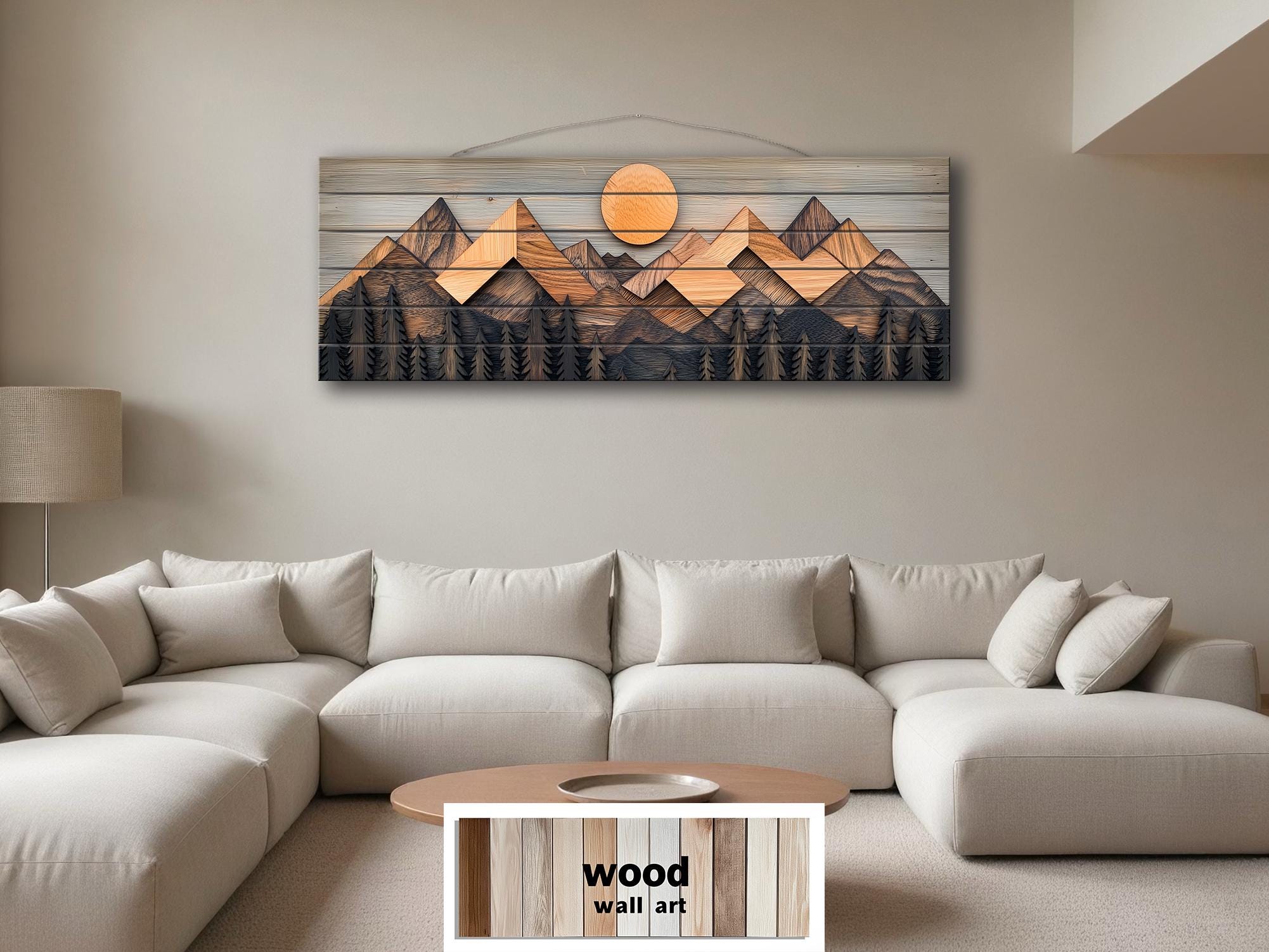 Geometric Mountain Real Wood Long Horizontal Wall Art For Cabin Decor