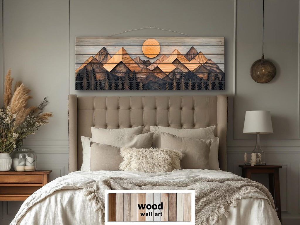 Geometric Mountain Real Wood Long Horizontal Wall Art For Cabin Decor