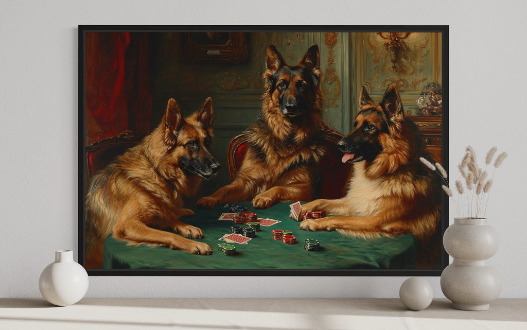 German Shepherds Dogs Playing Poker Framed Canvas Wall Art