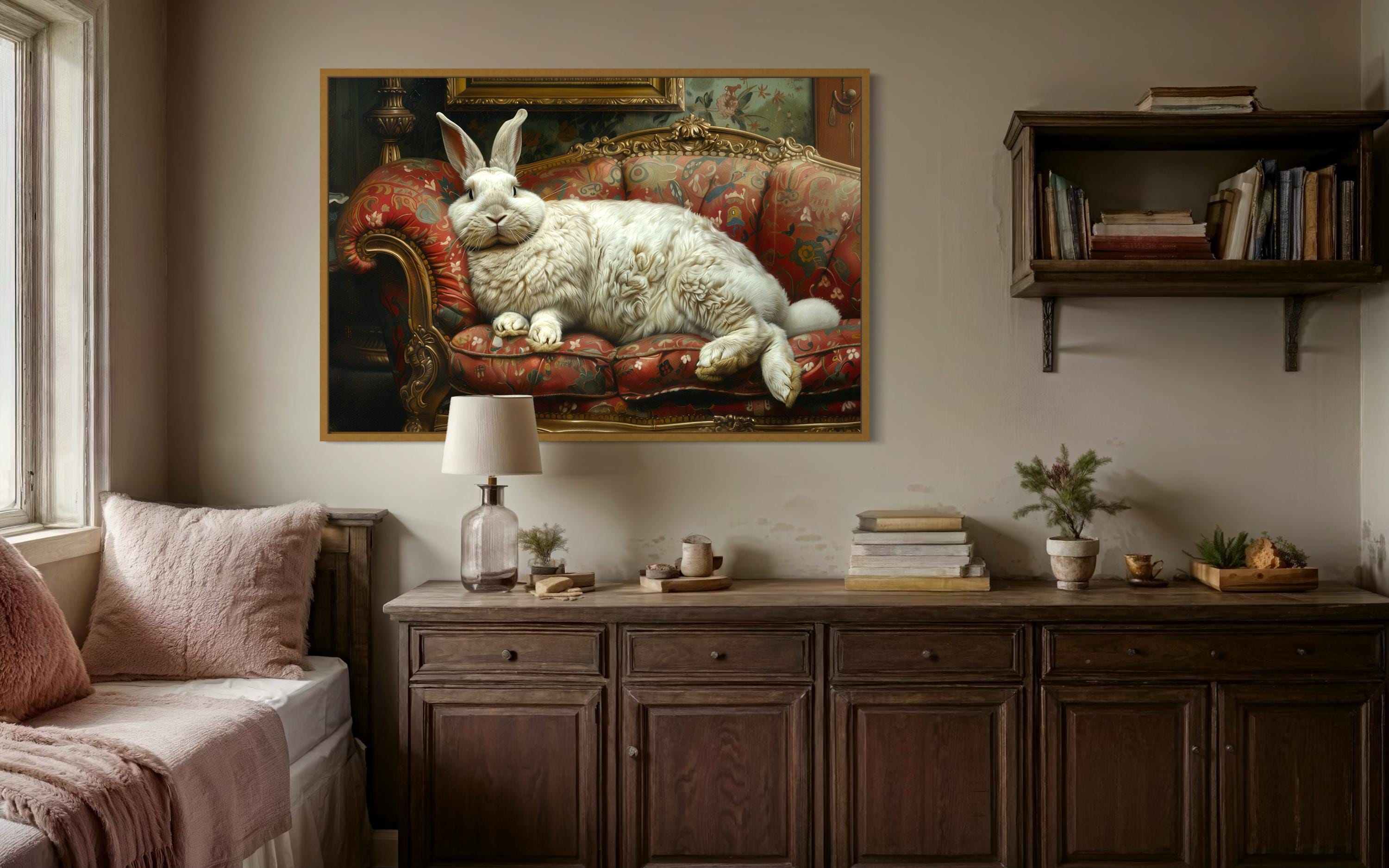 Giant Fat Bunny Lounging On Ornate Victorian Sofa Canvas Wall Art