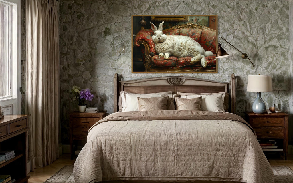 Giant Fat Bunny Lounging On Ornate Victorian Sofa Canvas Wall Art