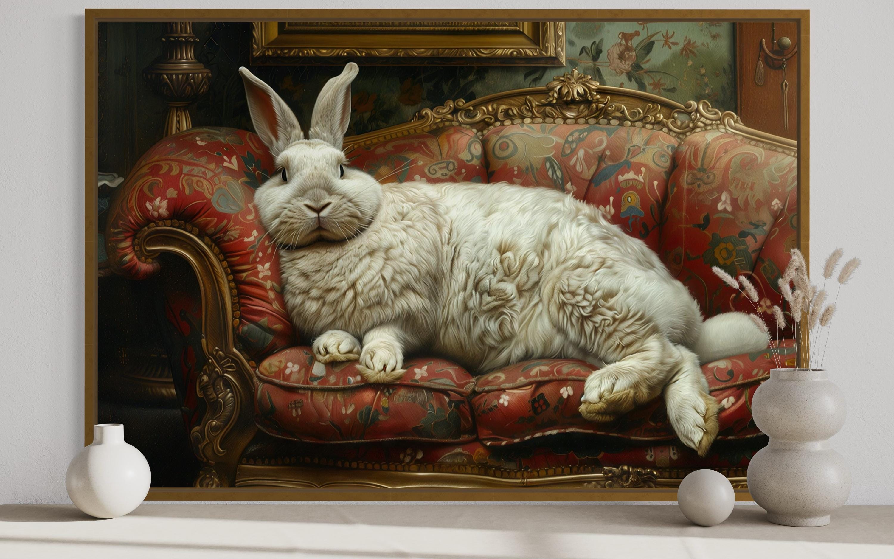 Giant Fat Bunny Lounging On Ornate Victorian Sofa Canvas Wall Art