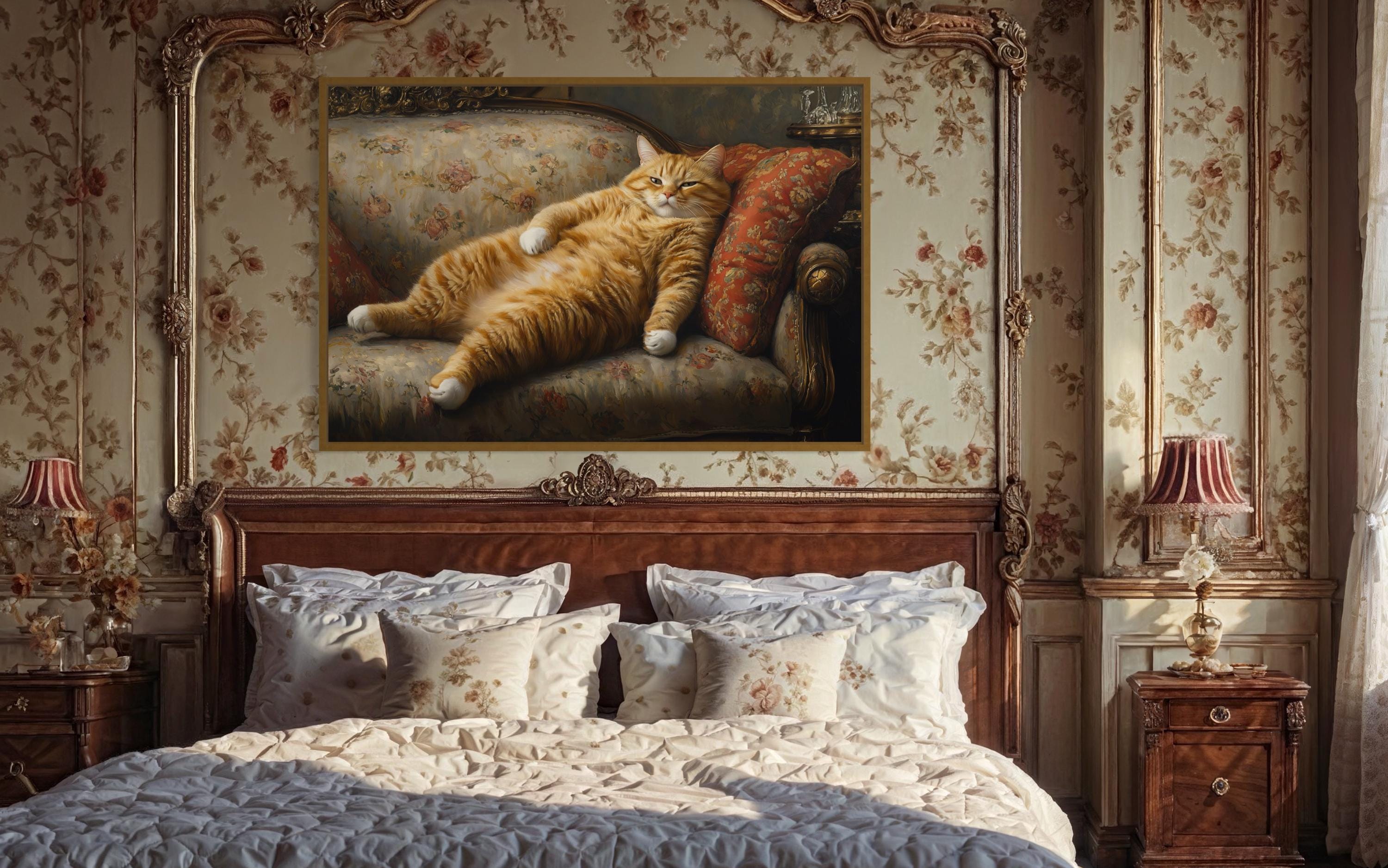 Giant Fat Orange Cat Wall Art Lounging On Victorian Sofa Wall Art