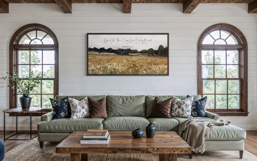 Give Us This Day Our Daily Bread, Matthew 6 11 Christian Scripture Wall Art  on Rustic Wildflowers Field Landscape