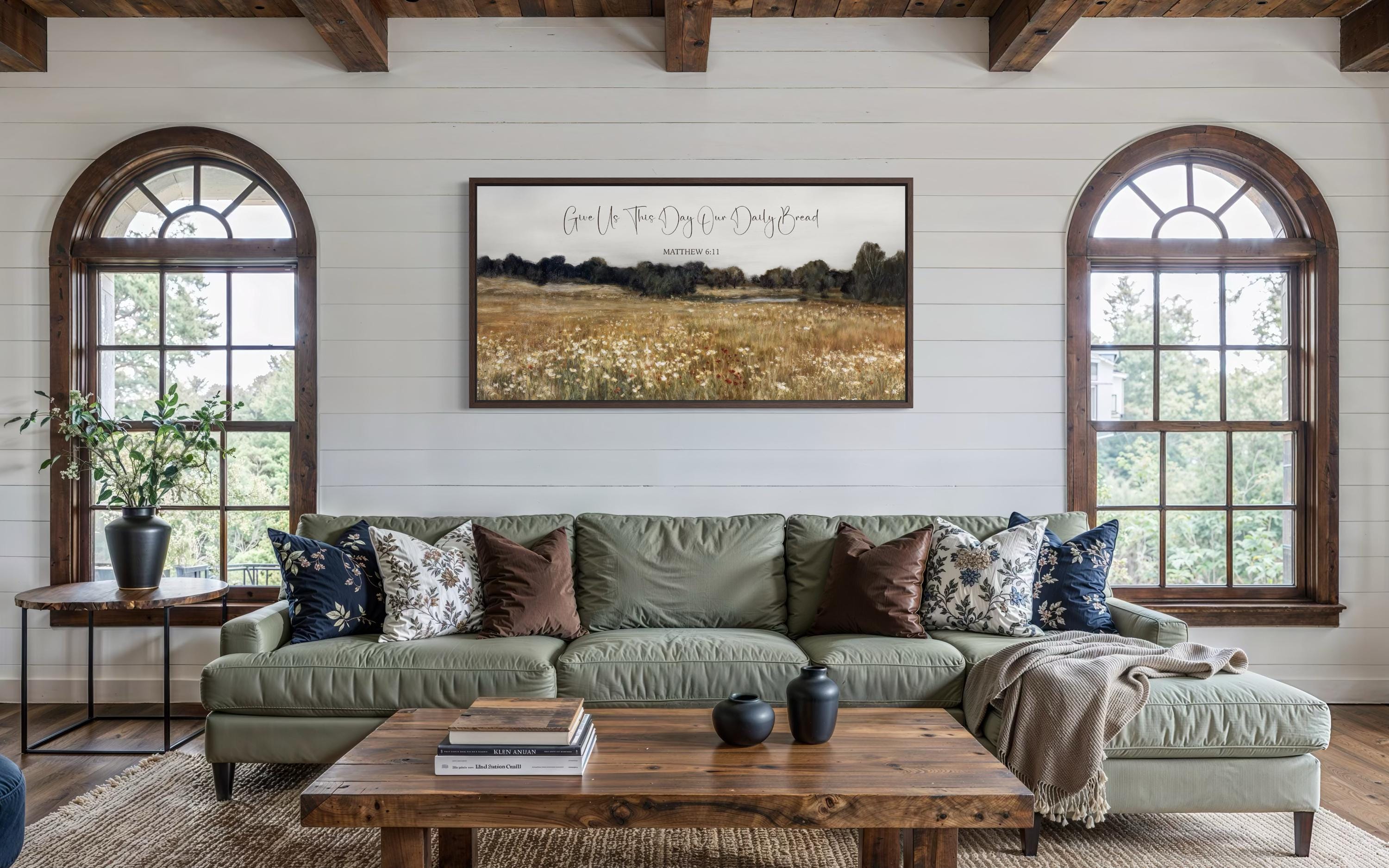 Give Us This Day Our Daily Bread, Matthew 6 11 Christian Scripture Wall Art  on Rustic Wildflowers Field Landscape