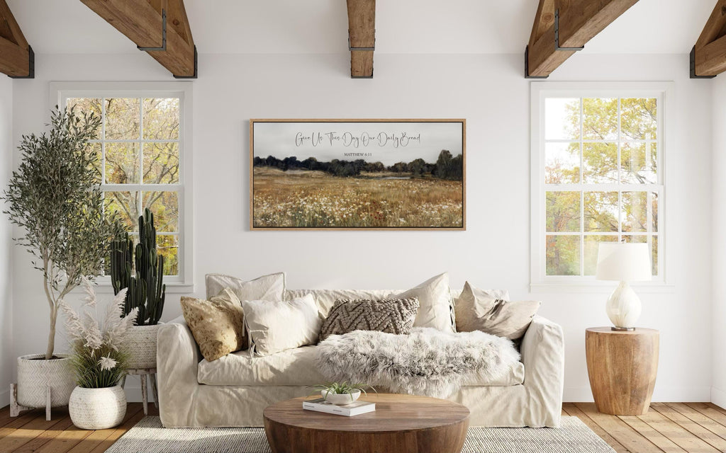 Give Us This Day Our Daily Bread, Matthew 6 11 Christian Scripture Wall Art  on Rustic Wildflowers Field Landscape