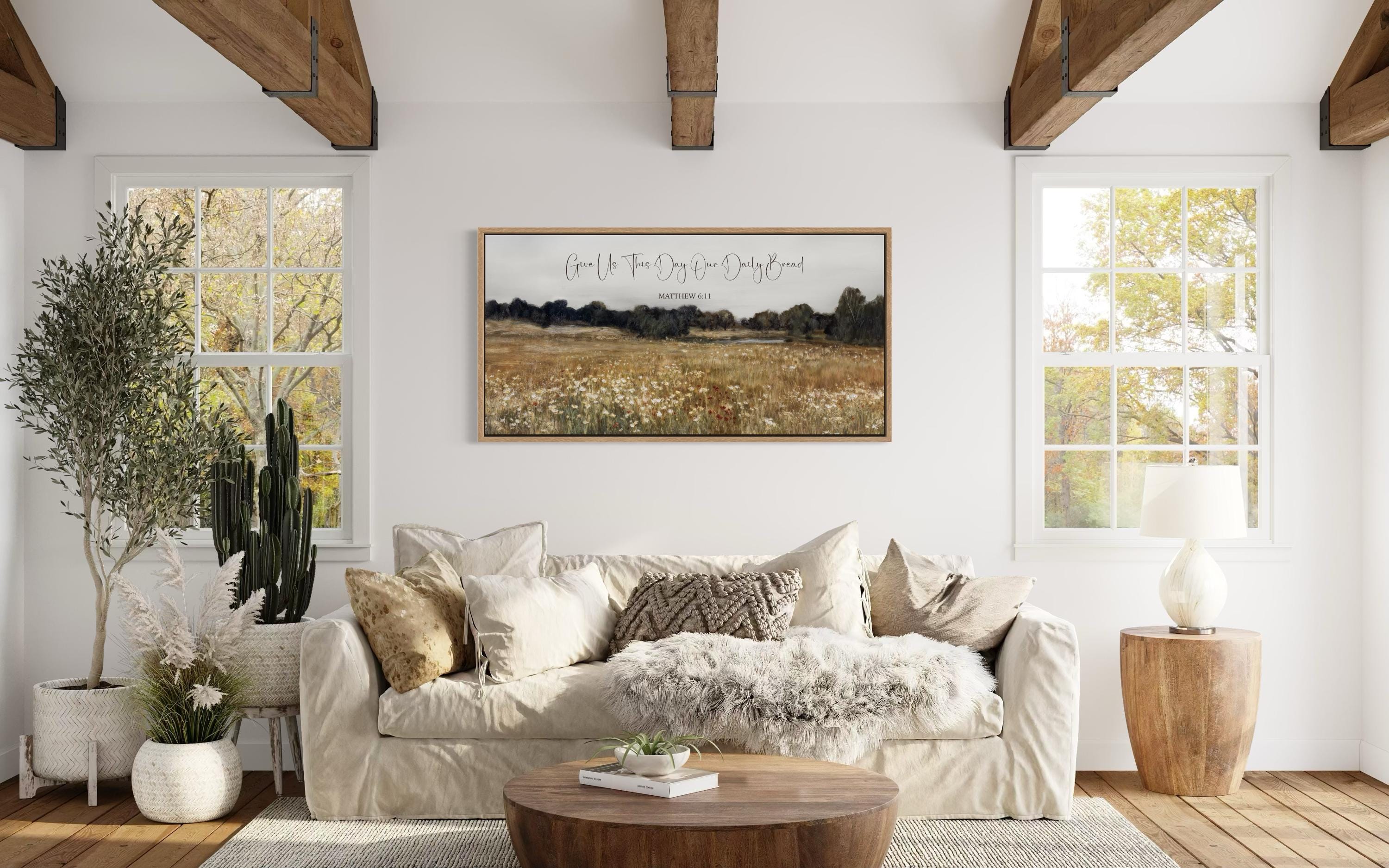 Give Us This Day Our Daily Bread, Matthew 6 11 Christian Scripture Wall Art  on Rustic Wildflowers Field Landscape