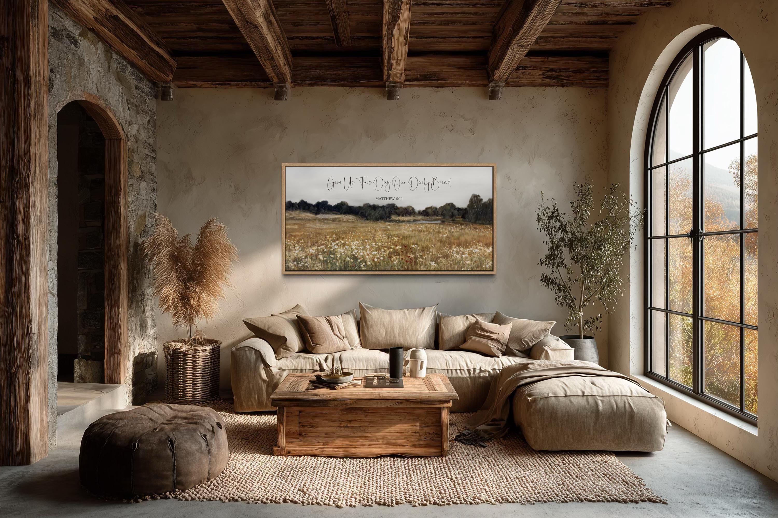 Give Us This Day Our Daily Bread, Matthew 6 11 Christian Scripture Wall Art  on Rustic Wildflowers Field Landscape