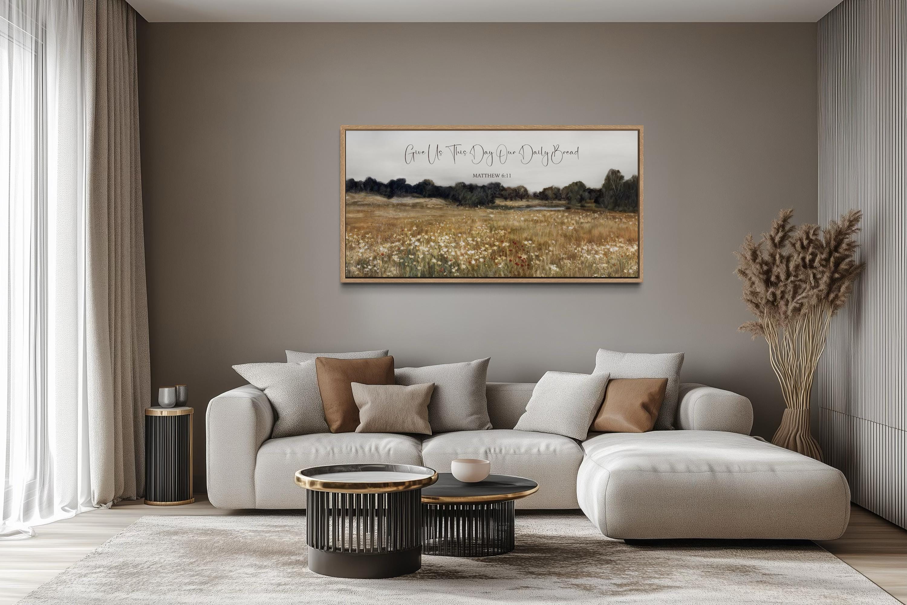 Give Us This Day Our Daily Bread, Matthew 6 11 Christian Scripture Wall Art  on Rustic Wildflowers Field Landscape